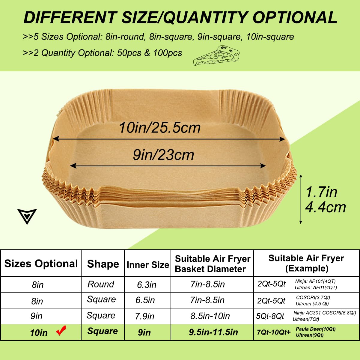 Bykitchen Large Air Fryer Liners, Set Of 100, 10 Inch Square Air Fryer Liners, Xl Air Fryer Disposable Paper Liner, Compatible W